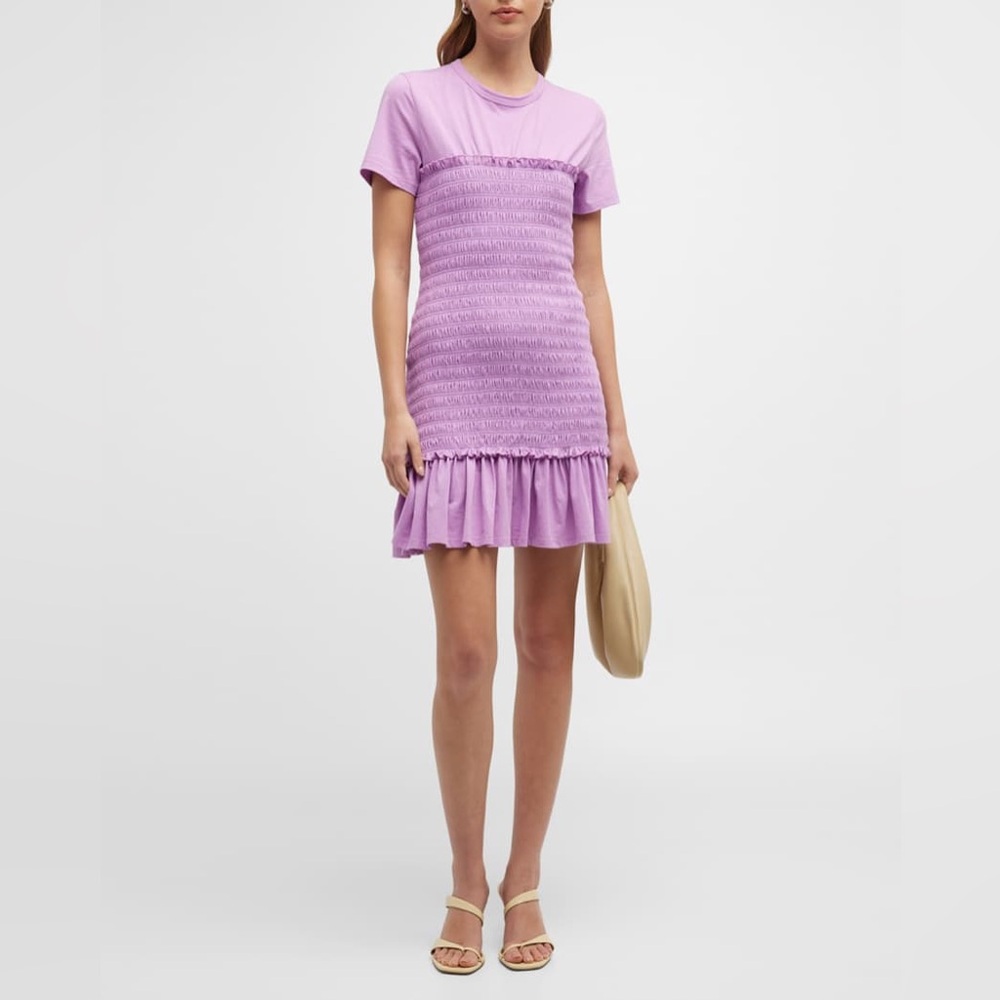 New Veronica Beard‎ Tomlin Smocked Bodice Mini T-Shirt Dress in Violet Size L